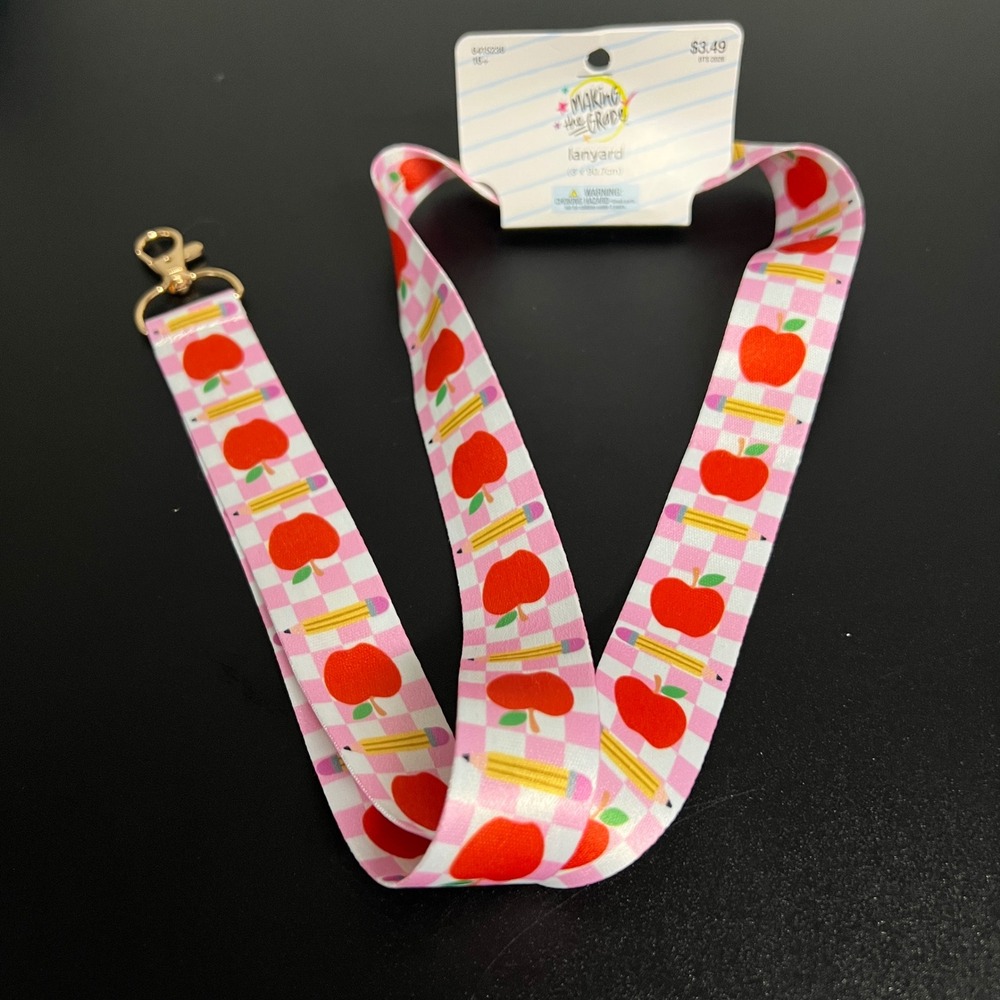 Pink Checkered Apple Making the Grade Lanyard  Pencil School Teacher ID Holder